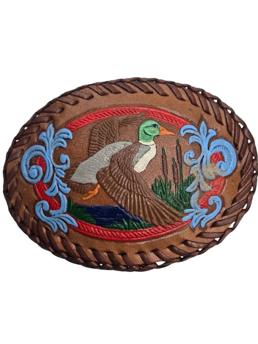 Mallard Duck belt Buckle Hand Painted Leather Brown Blue Country Western Wear